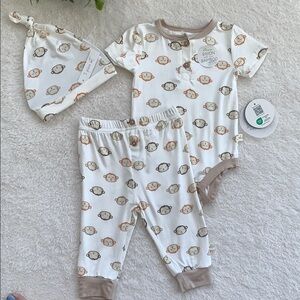 NWT Milkberry Monkey 3 pc Loungewear Pajama Set 3-6M Neutral Bamboo